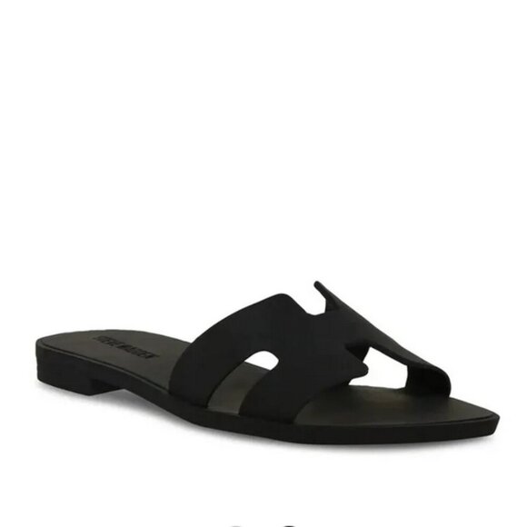 - Steve Madden Hadyn-J Black Leather Slip On Open Rounded Toe Fashion Flat… - Picture 1 of 7